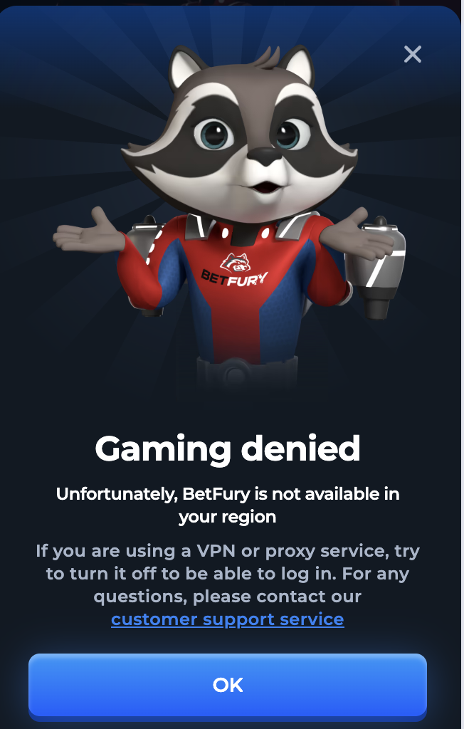 BetFury Gaming Denied popup – shown when accessing from a restricted country